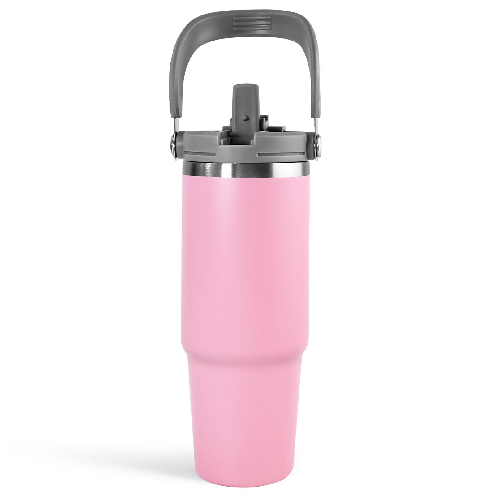 30 oz Tumbler with Handle and Straw Lid Double Walled Vacuum Insulated Water Bottle Leakproof Tumbler Travel Coffee Mug Thermal Cup Cupholder Friendly for Office Home Sport Pink