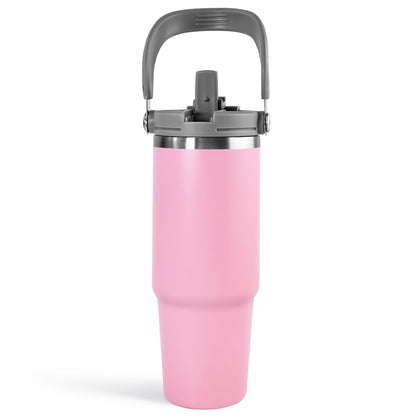 30 oz Tumbler with Handle and Straw Lid Double Walled Vacuum Insulated Water Bottle Leakproof Tumbler Travel Coffee Mug Thermal Cup Cupholder Friendly for Office Home Sport Pink
