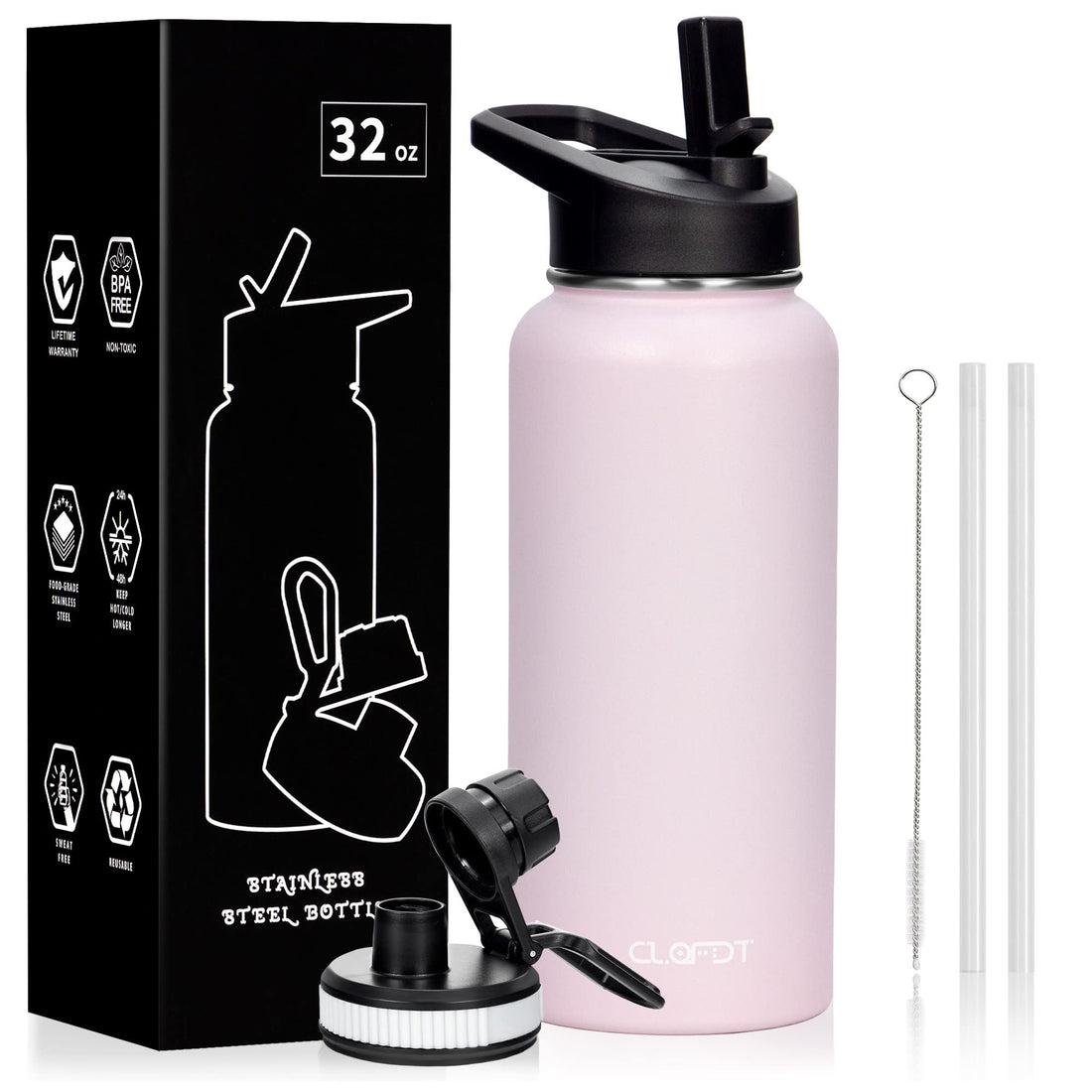 CLQFDT 32oz Vacuum Insulated Stainless Steel Water Bottles with Straw &amp; Spout Lids Double Wall Sport Bottle Sweat-Proof BPA Free Canteen Metal Thermo Mug Hydro Cup Jug (Sakura Pink)