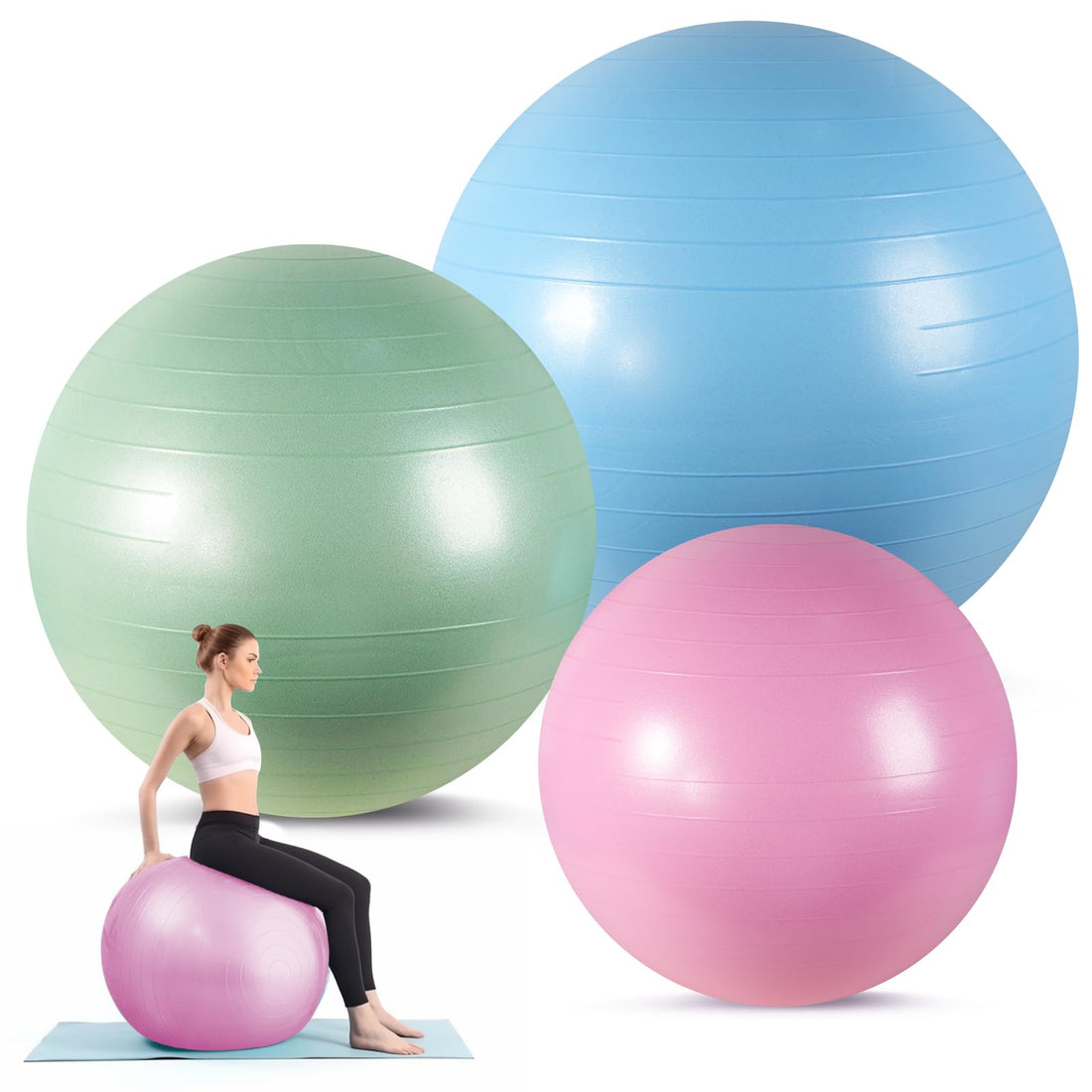 Honoson 3 Pcs Exercise Ball Large Yoga Ball Pregnancy Ball 3 Size Fitness Ball Multiple Sizes Yoga Ball Chair for Office Home Labor Gym Birth Balance 55/65/75cm(Pink Green Blue)