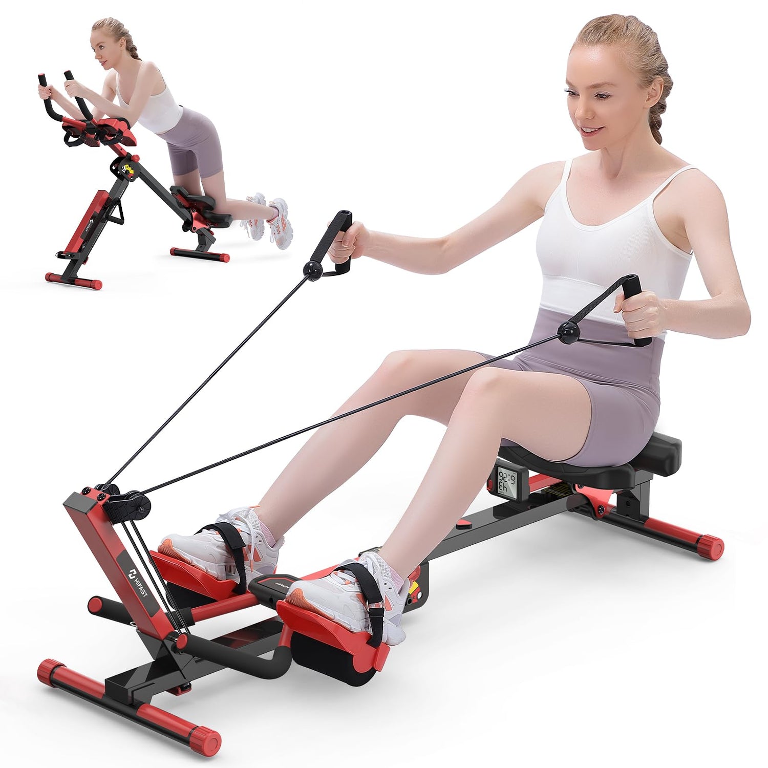 HiFast 4 in 1 Rowing Machines AB Machine with 3-Level Angle &amp; Adjustable Tension Foldable AB Crunch Workout Machine for Home &amp; Gym Use