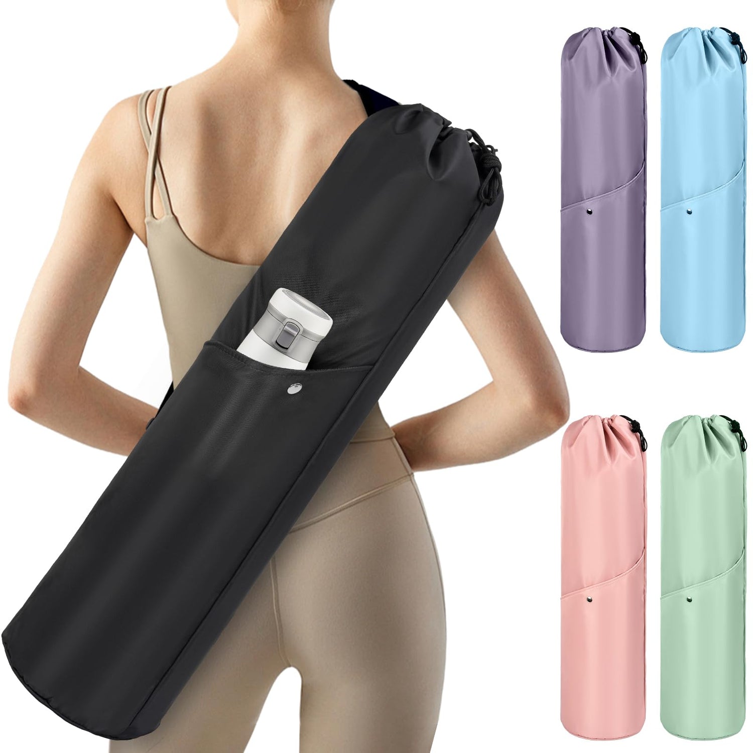 ITHWIU Yoga Mat Bag with Multi-Functional Storage Pockets Waterproof Yoga Mat Carrying Bag with Adjustable Strap &amp; Yoga mat storage cord Fits Gym Class Beach Park Travel Black